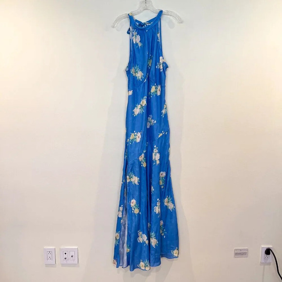LoveShackFancy Brinda Blue Satin Floral Formal Tie Back Halter Maxi Dress Gown - Picture 2 of 11